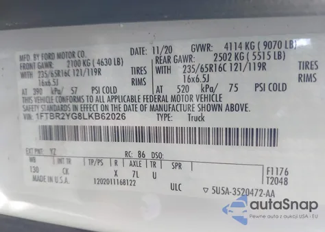 2020 Ford Transit-250 из США, поврежденный, VIN 1FTBR2YG8LKB62026